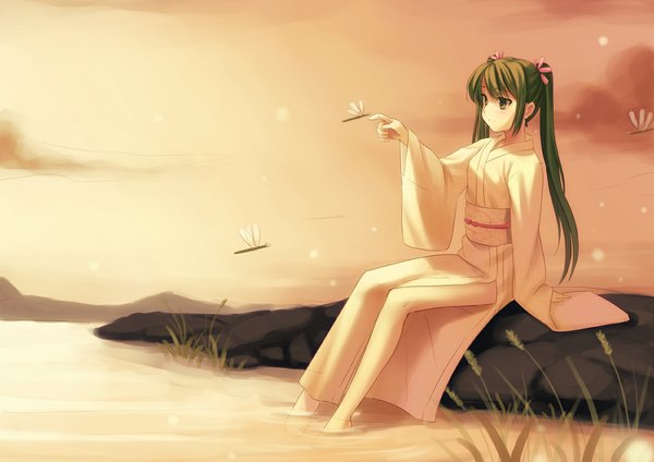 Anime picture 1191x842 with vocaloid hatsune miku li (liras) single sitting twintails green eyes very long hair japanese clothes green hair evening sunset girl water kimono insect obi dragonfly