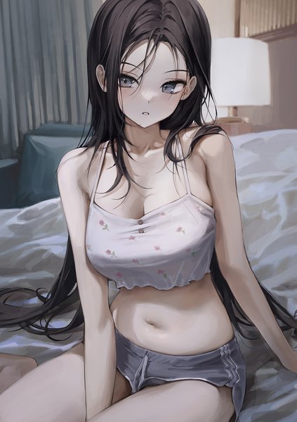 Anime picture 900x1277 with original minncn single long hair tall image looking at viewer blush fringe breasts light erotic black hair hair between eyes sitting bare shoulders indoors parted lips head tilt mole arm support bare belly