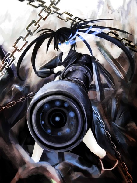 Anime picture 1050x1400 with black rock shooter black rock shooter (character) single long hair tall image looking at viewer blue eyes black hair twintails glowing glowing eye (eyes) girl weapon boots chain