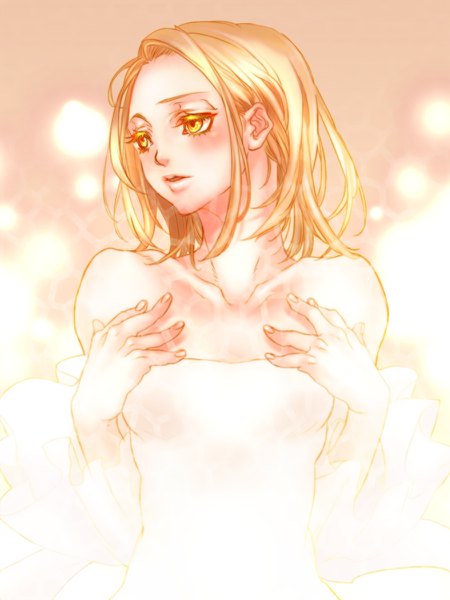 Anime picture 900x1200 with nanatsu no taizai a-1 pictures elaine (nanatsu no taizai) shokuyou mogura single tall image blush short hair breasts light erotic blonde hair yellow eyes looking away upper body parted lips fingernails sparkle embarrassed hand on chest girl