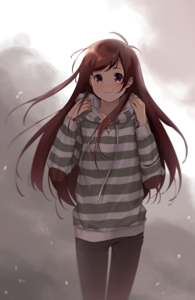 Anime picture 1400x2151 with original e7 (runaway162) single long hair tall image looking at viewer blush fringe smile brown hair standing brown eyes payot ahoge grey background floating hair smoke striped adjusting clothes girl