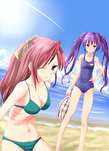 Anime picture 1084x1500 with original alexmaster long hair tall image looking at viewer blush light erotic purple eyes twintails multiple girls pink hair purple hair one eye closed pink eyes wink beach girl navel 2 girls swimsuit