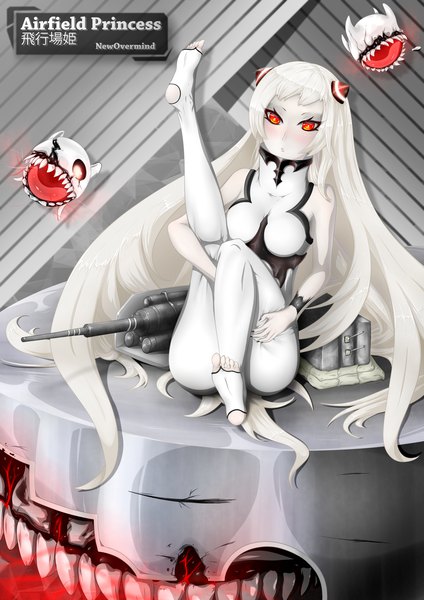 Anime picture 2120x3000 with kantai collection airfield hime newovermind single tall image looking at viewer blush highres breasts open mouth light erotic blonde hair red eyes sitting signed bent knee (knees) white hair very long hair nail polish teeth