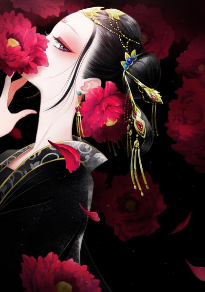Anime picture 1200x1712 with koukyuu no karasu liu shouxue tagme (artist) single tall image looking at viewer short hair black hair purple eyes upper body traditional clothes japanese clothes profile official art hair bun (hair buns) dark background covered mouth makeup hair rings floral background