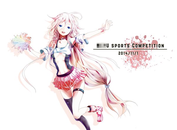 Anime picture 2000x1467 with vocaloid ia (vocaloid) jellyframe single highres open mouth blue eyes light erotic simple background bare shoulders ahoge bent knee (knees) white hair braid (braids) very long hair pleated skirt bare belly short sleeves alternate costume twin braids