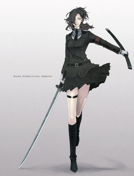 Anime picture 1000x1306 with original nicole pmonachi single tall image looking at viewer short hair simple background smile standing yellow eyes ponytail pleated skirt wind grey background shadow girl skirt uniform weapon sword