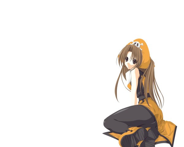 Anime picture 1280x1024 with guilty gear may (guilty gear) single long hair looking at viewer brown hair white background brown eyes soles skull and crossbones girl headdress pants
