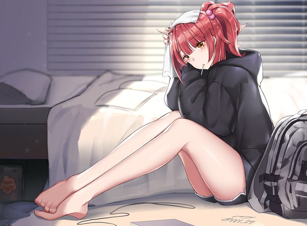 Anime picture 1402x1034 with girls frontline mp7 (girls frontline) vvy single long hair looking at viewer fringe sitting signed yellow eyes full body bent knee (knees) ponytail red hair indoors blunt bangs nail polish barefoot bare legs wet