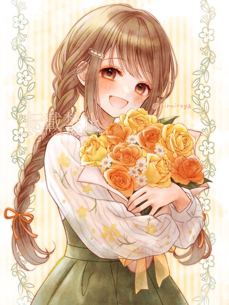 Anime picture 1110x1480 with original ginniroya single long hair tall image looking at viewer blush open mouth brown hair brown eyes signed upper body braid (braids) :d twin braids watermark girl flower (flowers) hairclip rose (roses)