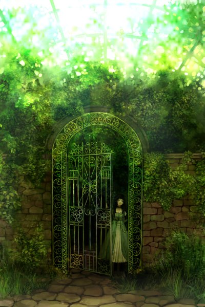 Anime picture 800x1200 with original suzu (kopumpukin 55) single long hair tall image black hair standing yellow eyes outdoors looking up brick wall gate girl dress plant (plants) tree (trees) building (buildings) thigh boots collar wall