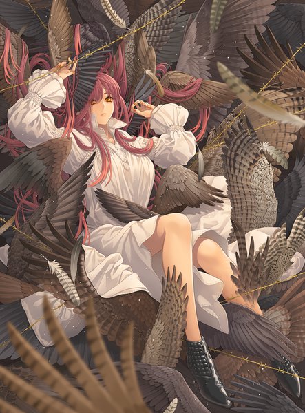 Anime-Bild 1200x1623 mit original minami (minami373916) single tall image looking at viewer fringe yellow eyes payot full body red hair lying long sleeves very long hair nail polish parted lips fingernails blurry hair over one eye wide sleeves puffy sleeves