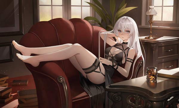 Anime picture 4000x2407 with original chungla single long hair looking at viewer fringe highres breasts light erotic hair between eyes wide image purple eyes absurdres silver hair full body bent knee (knees) indoors parted lips barefoot arm up