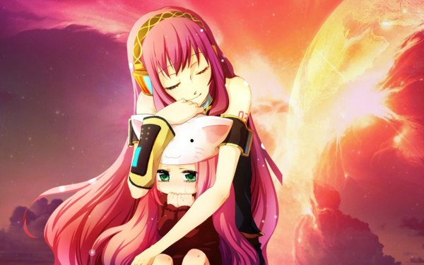 Anime picture 1280x800 with vocaloid megurine luka long hair wide image bare shoulders multiple girls green eyes pink hair eyes closed loli tattoo hug tears girl 2 girls headphones planet