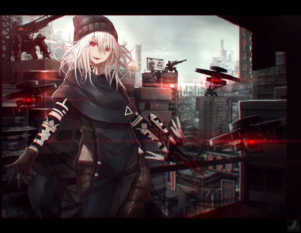 Anime picture 1200x932 with original kasagarasu single looking at viewer fringe short hair smile hair between eyes red eyes signed sky white hair parted lips fang (fangs) city spread arms cityscape mechanical girl cap
