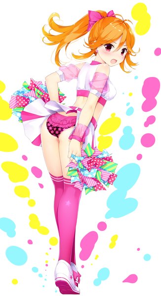 Anime picture 980x1800 with tokyo 7th sisters usuta sumire futago monad (artist) single long hair tall image blush open mouth light erotic blonde hair smile red eyes white background full body ass ponytail :d looking back skirt flip cheerleader