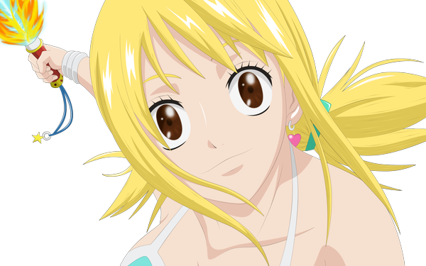 Anime picture 2560x1600 with fairy tail lucy heartfilia panzoom single long hair highres blonde hair smile wide image brown eyes ponytail coloring close-up transparent background face girl earrings