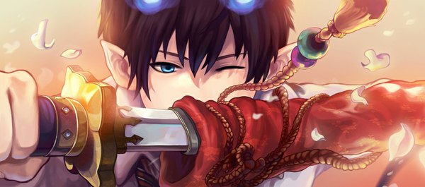 Anime picture 1000x442 with ao no exorcist a-1 pictures okumura rin saya (mychristian2) single looking at viewer short hair blue eyes black hair wide image one eye closed pointy ears wink unsheathing boy weapon petals sword katana sheath