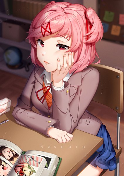 Anime picture 1443x2048 with doki doki literature club natsuki (doki doki literature club) sasoura single tall image looking at viewer blush fringe short hair sitting signed pink hair indoors pleated skirt pink eyes blurry two side up depth of field chin rest girl