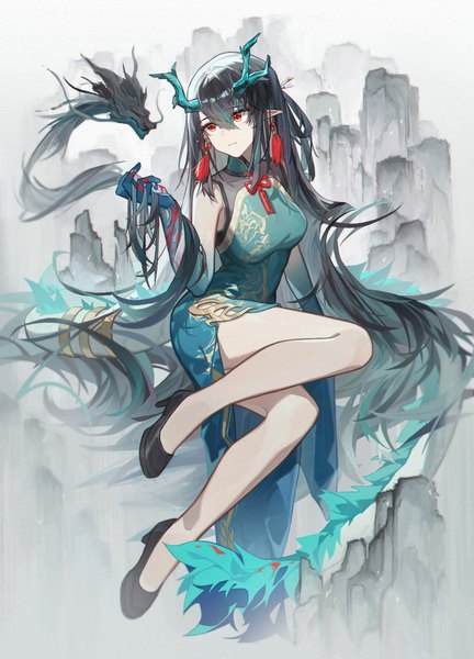 Anime picture 901x1250 with arknights dusk (arknights) dusk (everything is a miracle) (arknights) lettereast single tall image fringe black hair hair between eyes red eyes looking away full body tail very long hair traditional clothes horn (horns) pointy ears bare legs official alternate costume chinese clothes