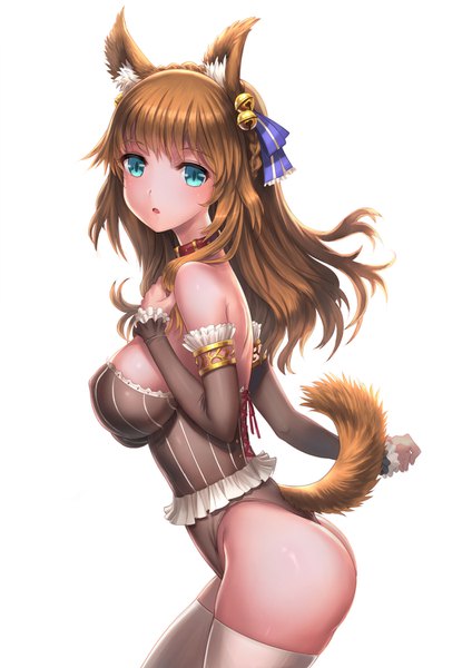 Anime picture 1060x1500 with original youbou single long hair tall image looking at viewer fringe breasts light erotic simple background brown hair large breasts white background animal ears ass tail long sleeves parted lips animal tail aqua eyes