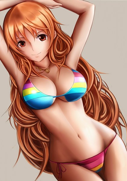 Anime picture 703x1000 with one piece one piece film: z toei animation nami (one piece) nannacy7 single long hair tall image looking at viewer blush breasts light erotic simple background smile large breasts brown eyes cleavage orange hair arms up bare belly