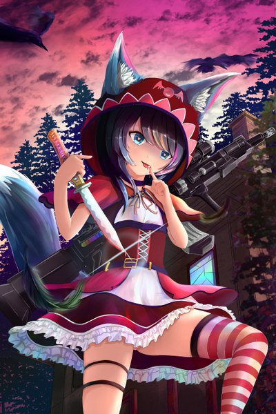 Anime picture 3600x5400 with little red riding hood original little red riding hood (character) shimutsuki single long hair tall image fringe highres blue eyes light erotic black hair hair between eyes standing holding animal ears looking away absurdres sky cloud (clouds)