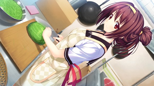 Anime picture 1280x720 with lovesick puppies hoshina yuki sankuro single long hair looking at viewer smile brown hair wide image brown eyes game cg cooking girl ribbon (ribbons) hairband apron knife