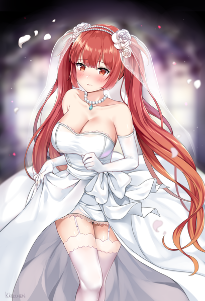 Anime picture 1052x1546 with azur lane honolulu (azur lane) kaetzchen single long hair tall image blush breasts light erotic red eyes large breasts twintails signed payot cleavage red hair very long hair hair flower blurry depth of field