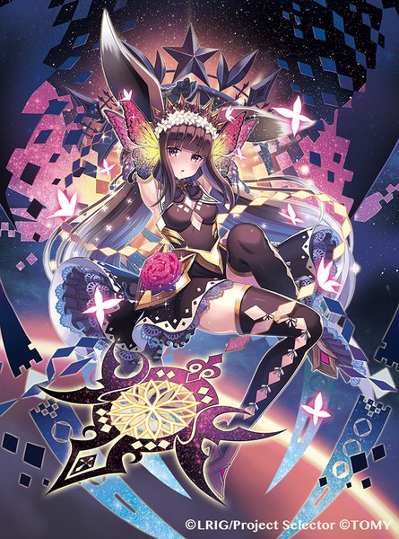 Anime picture 700x943 with wixoss madopen single long hair tall image looking at viewer blush fringe breasts brown hair brown eyes animal ears full body blunt bangs hair flower arms up official art sparkle copyright name sideboob