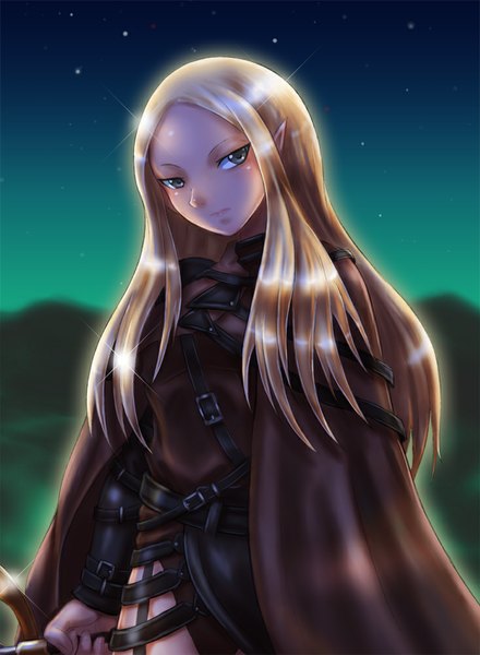 Anime picture 734x1000 with claymore madhouse irene boken fantasy single long hair tall image looking at viewer blonde hair pointy ears night grey eyes night sky shiny girl belt star (stars) cape