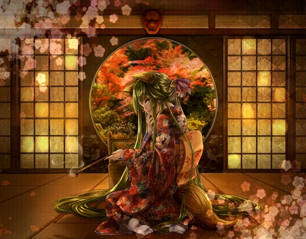 Anime picture 2000x1562 with original sansaki shin (artist) single long hair highres sitting green eyes animal ears japanese clothes animal tail looking back horn (horns) green hair from behind cherry blossoms finger to mouth smoke girl flower (flowers) mask