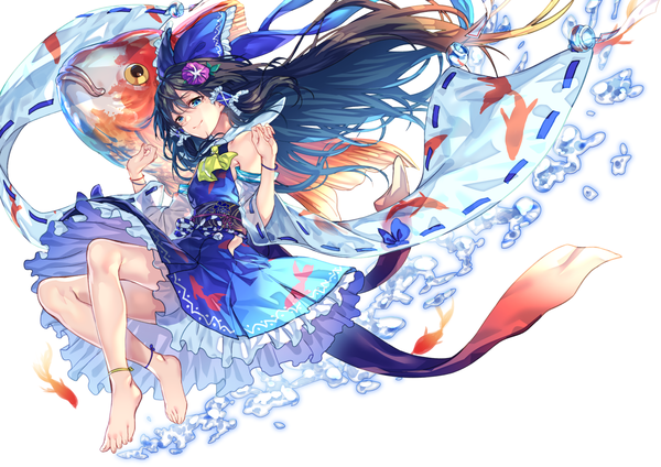 Anime picture 1637x1158 with touhou hakurei reimu uu uu zan single long hair looking at viewer blush blue eyes black hair smile white background full body barefoot hair flower wide sleeves floating hair floral print alternate color girl skirt