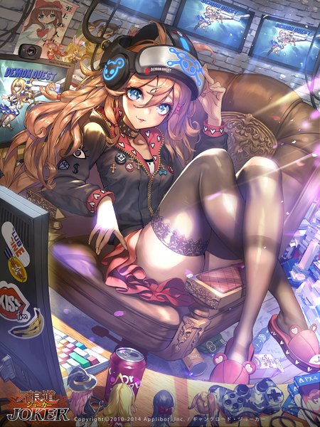 Anime picture 1200x1600 with joker ~gang road~ dospi single long hair tall image looking at viewer blush blue eyes light erotic brown hair girl thighhighs skirt black thighhighs miniskirt jacket armchair monitor