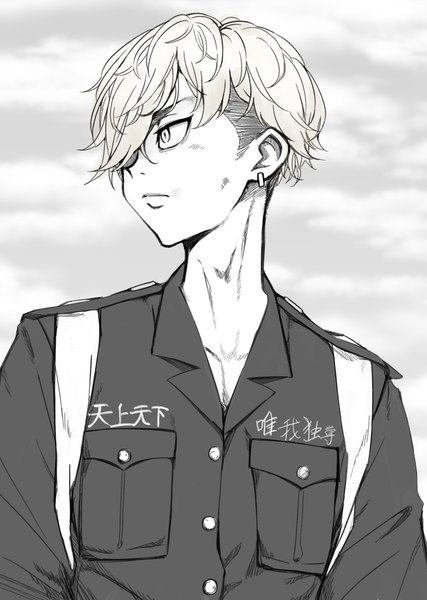 Anime picture 1275x1791 with tokyo revengers matsuno chifuyu maou (demonlord) single tall image fringe short hair looking away upper body hair over one eye piercing turning head monochrome ear piercing boy