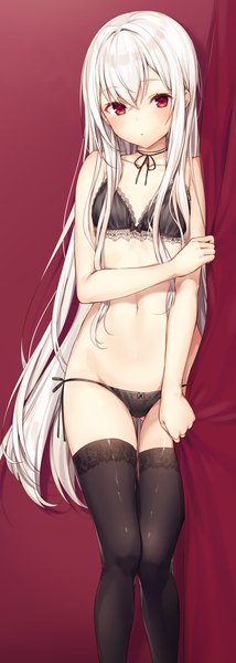 Anime picture 1058x2964 with original kasako (kasu) komeshiro kasu single long hair tall image looking at viewer blush fringe breasts open mouth light erotic simple background hair between eyes red eyes payot silver hair lying :o underwear only