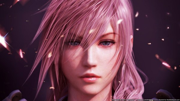 Anime picture 1366x768 with final fantasy xiii square enix lightning farron long hair looking at viewer blue eyes wide image pink hair lips realistic wallpaper close-up face