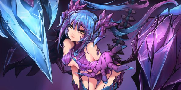 Anime picture 1800x900 with league of legends skarner (league of legends) beanbean1988 single highres light erotic smile wide image standing twintails bare shoulders yellow eyes blue hair tail very long hair girl ice