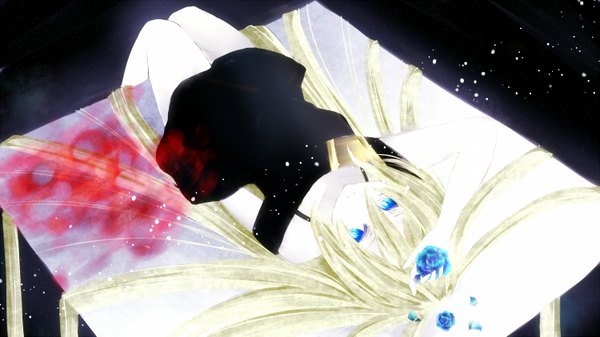 Anime-Bild 1500x843 mit vocaloid lily (vocaloid) single long hair blue eyes blonde hair wide image lying hair flower girl dress hair ornament flower (flowers) black dress table