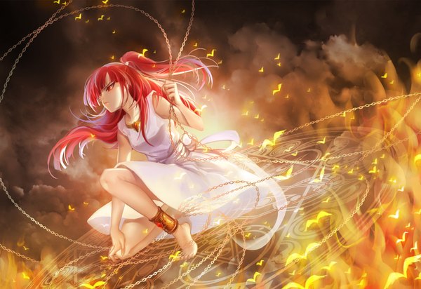 Anime picture 2000x1374 with magi the labyrinth of magic a-1 pictures morgiana huazha01 single long hair blush highres red eyes sitting red hair barefoot one side up smoke girl dress hair ornament animal white dress bird (birds)