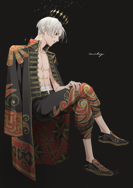 Anime picture 1401x1985 with tokyo revengers sano manjirou kanmi0503 single tall image short hair simple background sitting looking away silver hair full body profile black eyes character names crossed legs black background muscle expressionless clothes on shoulders abs