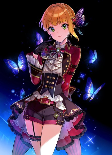 Anime picture 788x1086 with idolmaster idolmaster cinderella girls idolmaster cinderella girls starlight stage miyamoto frederica teki (kakari) single tall image looking at viewer fringe short hair blonde hair green eyes sparkle black background butterfly on hand soleil et lune girl gloves hair ornament earrings