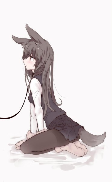 Anime picture 1240x2002 with original touma raito single long hair tall image blush fringe black hair simple background red eyes white background sitting animal ears full body bent knee (knees) tail animal tail profile pleated skirt hair over one eye