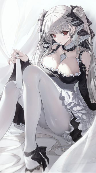 Anime picture 804x1445 with azur lane formidable (azur lane) matsogum single tall image fringe breasts light erotic red eyes large breasts sitting twintails cleavage silver hair very long hair nail polish black nail polish girl bow hair bow