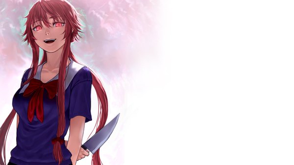 Anime picture 1920x1080 with mirai nikki gasai yuno lasterk single long hair highres open mouth simple background red eyes wide image red hair girl bow hair bow serafuku bowtie knife