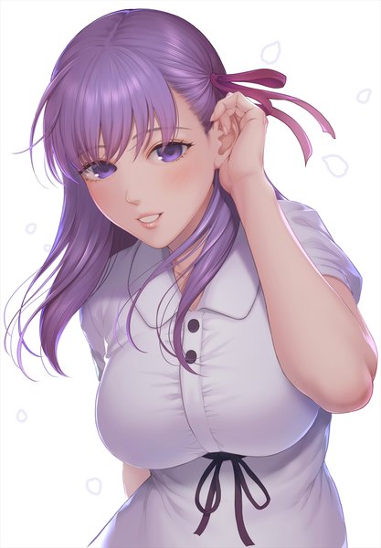 Anime picture 960x1381 with fate (series) fate/stay night matou sakura edogawa roman single long hair tall image looking at viewer blush fringe breasts simple background smile large breasts standing white background purple eyes purple hair upper body arm up