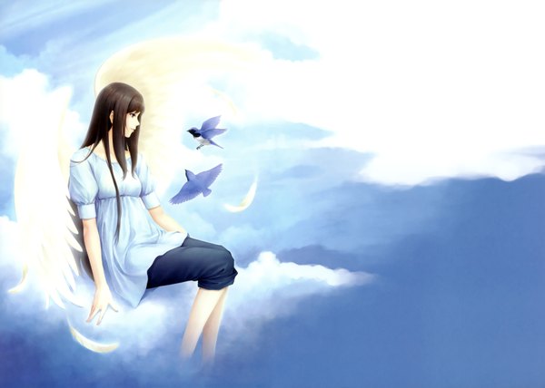 Anime picture 3500x2498 with kara no shoujo innocent grey kayahara yukiko sugina miki highres blue eyes black hair brown hair absurdres sky cloud (clouds) dreaming girl animal bird (birds)