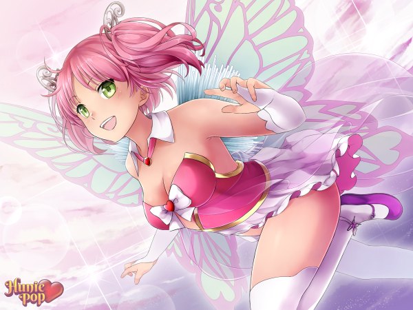 Anime picture 2400x1800 with hunie pop kyu sugardust ninamo single blush highres short hair open mouth light erotic twintails bare shoulders green eyes pink hair inscription short twintails light insect wings butterfly wings girl thighhighs