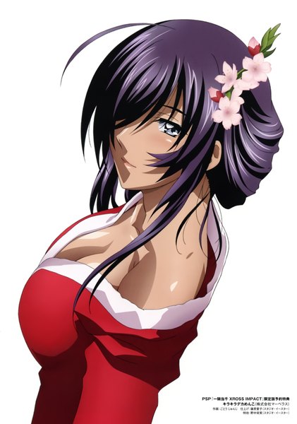 Anime picture 4965x7082 with ikkitousen kanu unchou gotou junji single long hair tall image looking at viewer blush fringe highres blue eyes white background absurdres purple hair traditional clothes japanese clothes hair flower scan hair over one eye official art