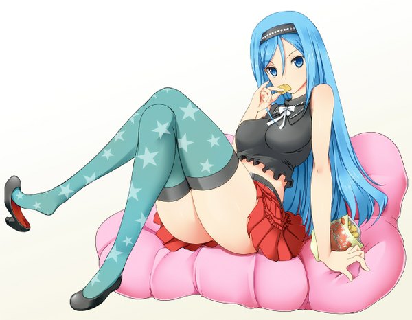 Anime picture 1286x999 with aoki hagane no arpeggio takao (aoki hagane no arpeggio) funiki kumi single long hair looking at viewer blue eyes light erotic hair between eyes white background sitting blue hair crossed legs star print girl thighhighs skirt miniskirt hairband star (symbol)