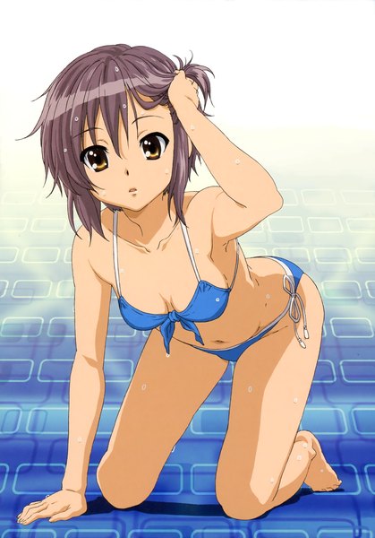 Anime picture 2476x3545 with suzumiya haruhi no yuutsu kyoto animation nagato yuki satou tatsuya tall image highres short hair light erotic brown hair yellow eyes absurdres wet kneeling girl swimsuit bikini